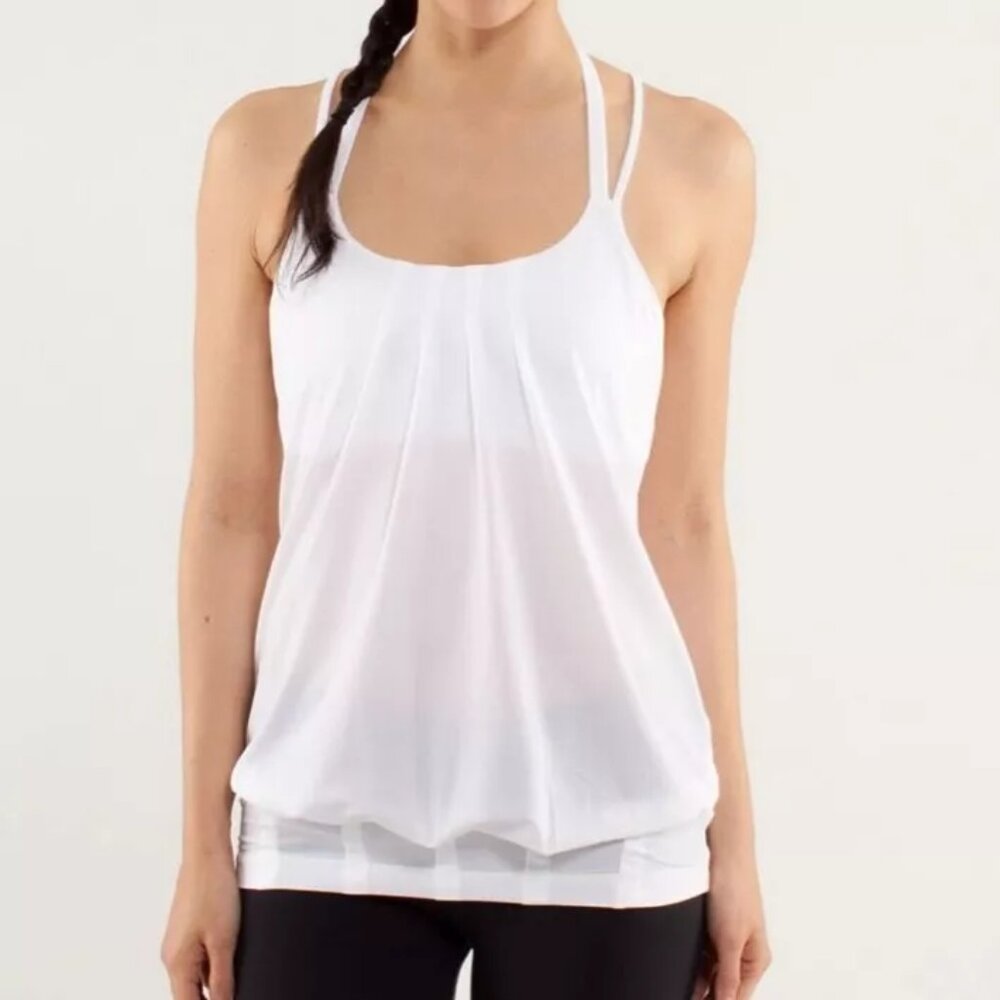 LULULEMON Womens Sz 2 Flow and Go Tank II in White Built-In Bra Strappy Mesh Top